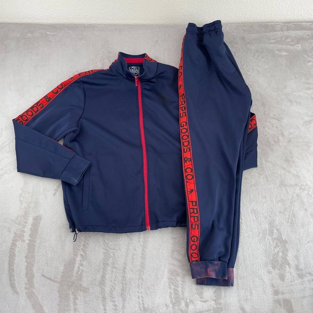 PRPS Track Suit Set Men XL Navy Blue Red Logo Striped Full Zip Joggers‎ Pockets